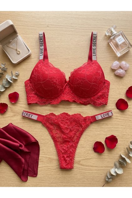 Women's Red Lace Embroidered Padded Bra Panty Set