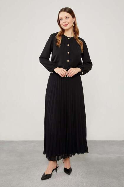 Black Crew Neck Shirt with Stone Buttons