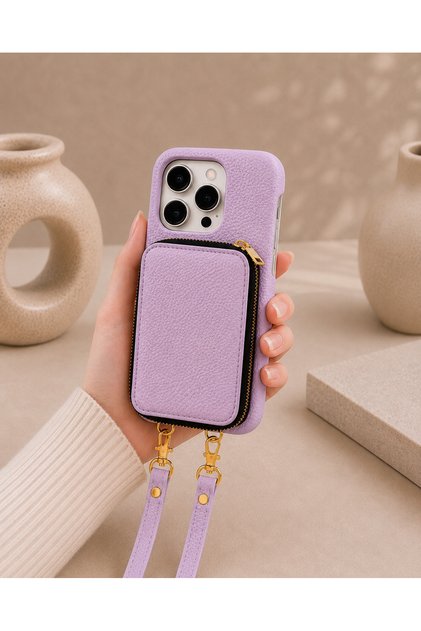 iPhone 14 Pro Max (6.7 Inch) Compatible Premium Lux Leather Case with Open Sides, Slim Design, Wallet, Zipper, Card Holder, Crossbody Neck Strap, and Drawstring Strap