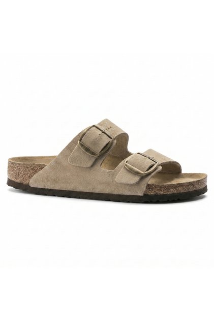 Mc205 Beige Genuine Suede Leather Double Buckle Unisex Orthopedic Cork Sole Slippers