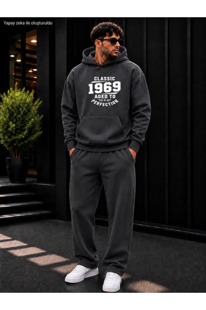 Men's Classic 1969 Aged to Perfection Printed Tracksuit Set / Hooded Sweatshirt and Straight-Leg Bottoms