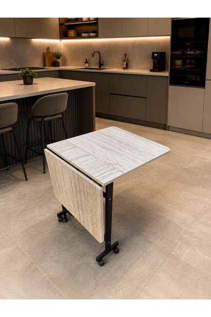 Miray 70x110 Traverten taş desen Açılabilir Katlanabilir Tekerlekli Mutfak Çalışma Masası