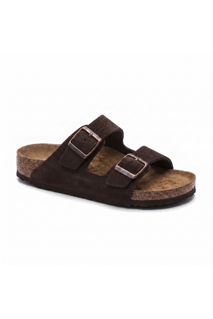 Mc205 Brown Genuine Suede Leather Double Buckle Unisex Orthopedic Cork Sole Slippers