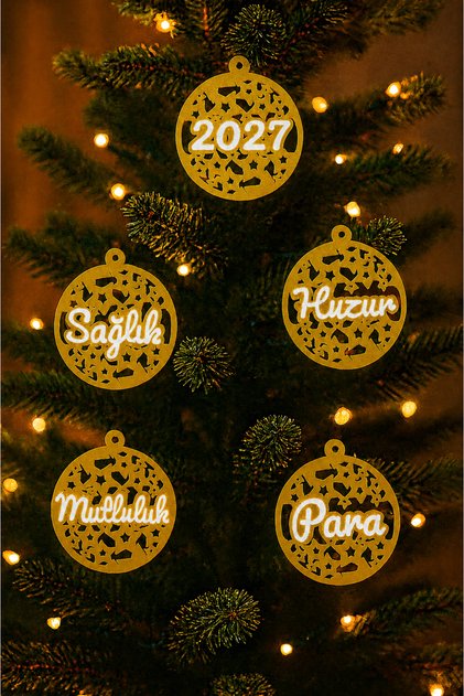 Set of 5 2027 Christmas Tree Ornaments – Gold and White Decorations with Themes of Health, Peace, Happiness, and Money