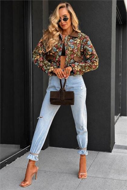 Women's Imported Chokella Fabric Floral Patterned Zippered Design Jacket Nbmy26117