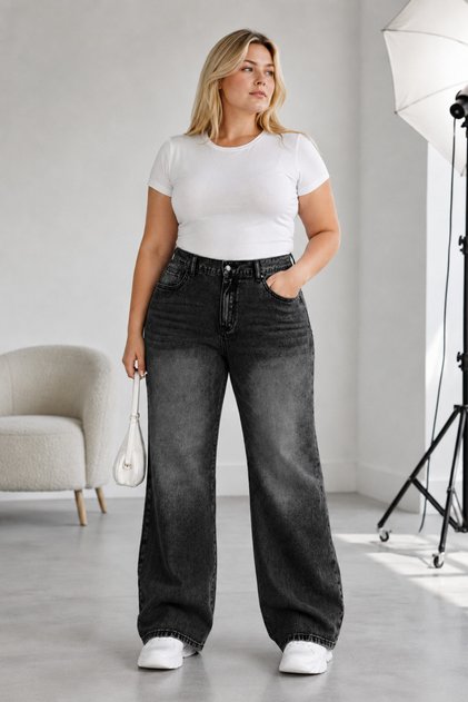 Women's Plus Size Smoked Embroidered Back Elasticated Pipe Leg Denim Trousers