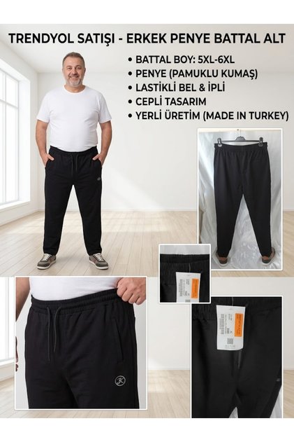 Erkek Siyah Penye Battal Boy Eşofman Altı Rahat Kesim 5XL - 6XL | Pamuklu Lastikli Bel Cepli Büyük Beden Eşofman