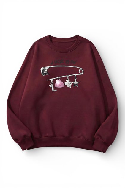 Unisex Soft Textured Luck Printed Design Oversize 3 Thread Crew Neck Sweatshirt