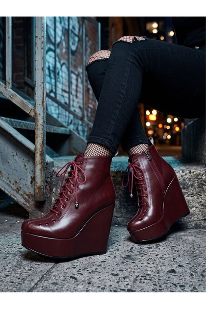 Kadın Bordo Cilt Bağcıklı 12 cm Dolgu Topuklu Platform Bot Lad