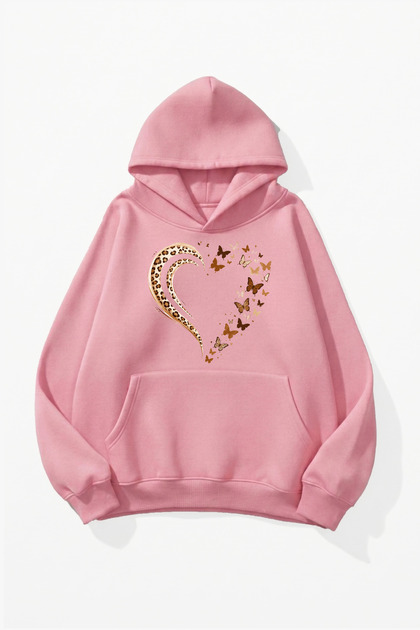 Unisex-Hoodie-Sweatshirt mit weicher Textur und Leoparden- und Schmetterlingsherz-Print-Design, Übergröße, 3-fädig
