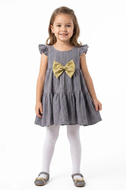 Girl's Gray Yellow Glittery Bow Muslin Dress