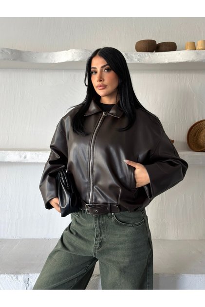 Jachetă de piele oversize pentru femei, cu fermoar și curea