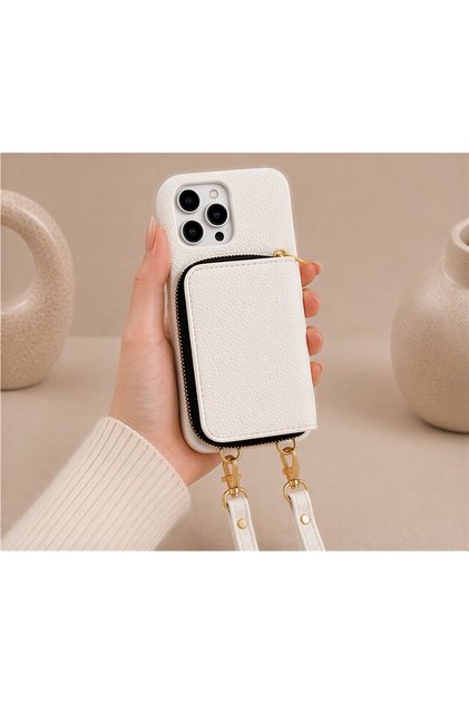 iPhone 13 Pro Max (6.7 Inch) Compatible Premium Lux Leather Case with Open Sides, Slim Design, Wallet, Zipper, Card Holder, Crossbody Neck Strap, and Drawstring Strap