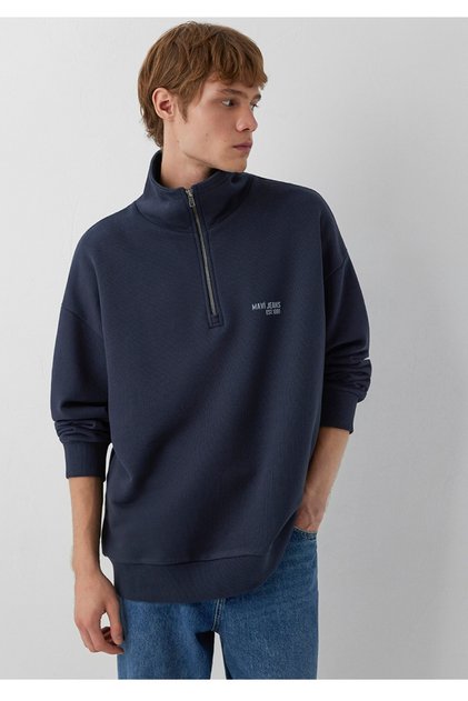 Logo Printed Semi-Zip Oversized Men's Sweatshirt