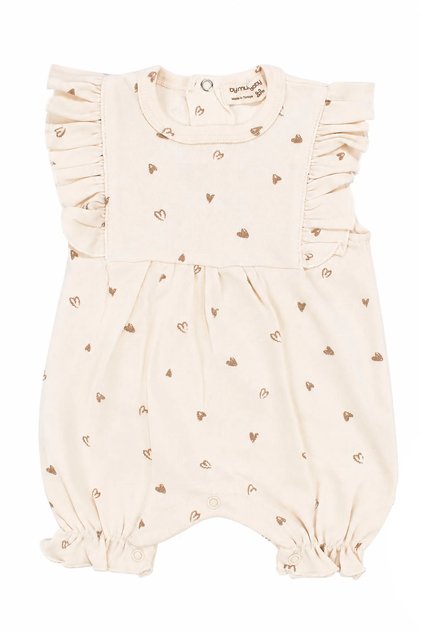 Baby Girl Ecru Brown Heart Patterned Frilly Short Jumpsuit 0-3 Months
