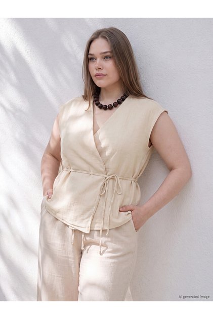 Vizyon New Season Beige Large Size Belted Women's Classic Vest