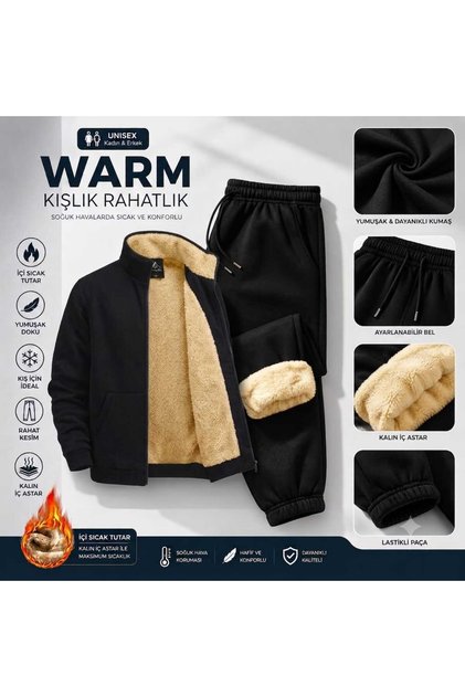 Unisex Kışlık İçi Peluş Kürklü Eşofman Takımı Sıcak Tutan Fermuarlı Ceket Ve Pantolon