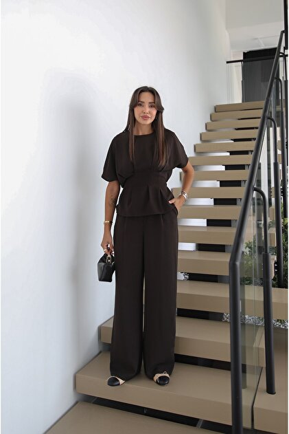 Bitter Brown Belted Pleated Blouse and Trousers Set