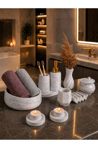 Marble Patterned 9-Piece Bathroom Wc Set Liquid Soap Dispenser Toothbrush Holder Towel Holder Candlestick Candle Holder Decorative Vase