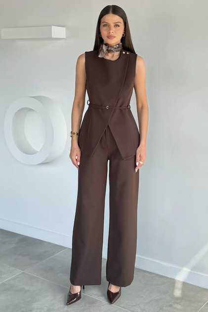 Brown Women's Elastic Waist Pants and Gold Detailed Vest Double Set