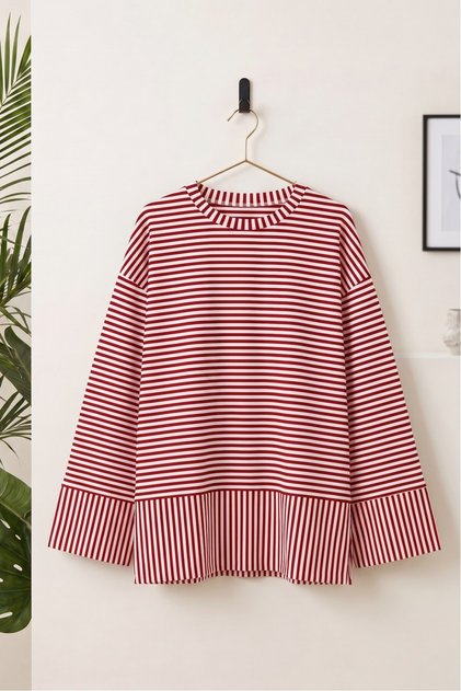 Slit Crew Neck Striped Viscose Sweatshirt - Red