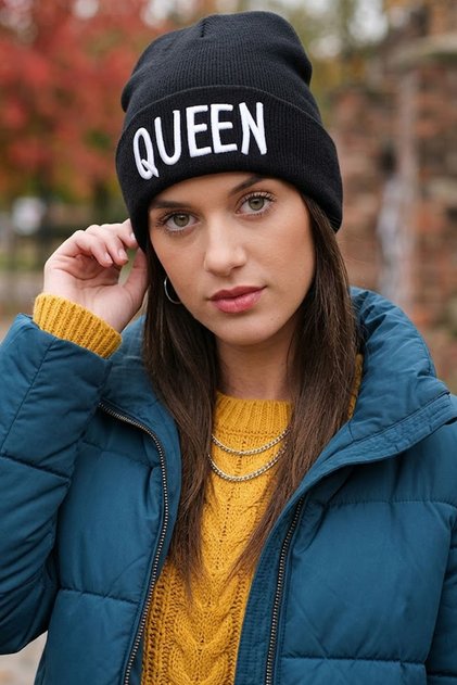 Unisex King & Queen Yazılı Nakışlı Siyah Kışlık Bere