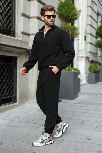 Black Zipper Detailed Stand Collar Fleece Men's Tracksuit Set E7372