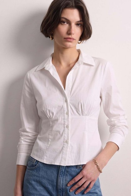 Women's Drawstring Waist Long Sleeve Striped Shirt - White
