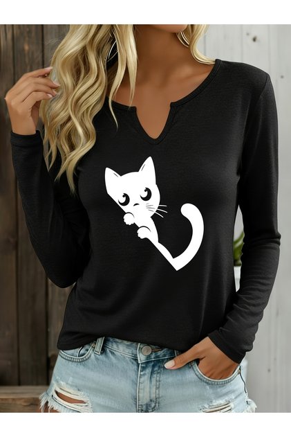 Printed Cotton Half V-Neck Long Sleeve Blouse T-Shirt