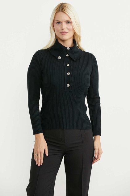 Full Fisherman Buttoned Knit Sweater - Black