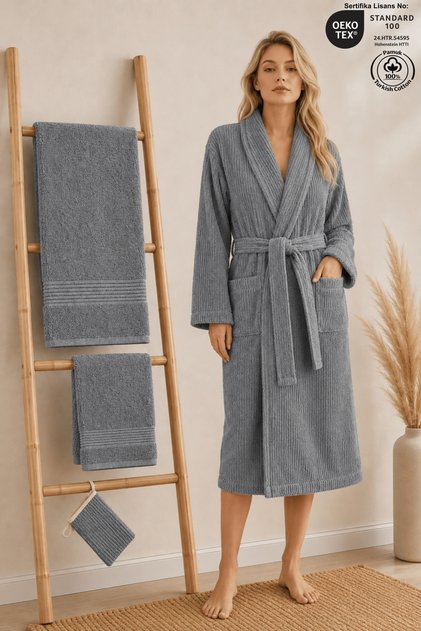 Eldy Women's Bathrobe Set 4 Pieces, 100% Cotton Certified Striped Shawl Collar Women's Bathrobe Set - Gray