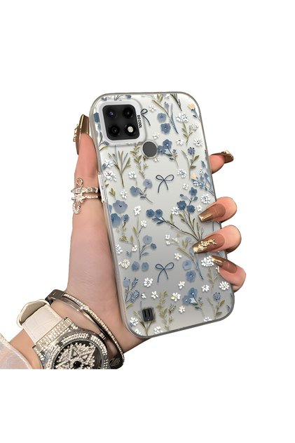 Realme C21 Compatible Blue Flower and Ribbon Hard Phone Case, Shock Protection