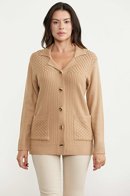 Shawl Collar Long Buttoned Knitwear Cardigan - Camel