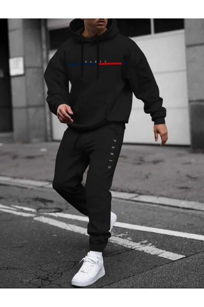 Paris Printed Unisex Black Men's Tracksuit Set Oversize Hooded