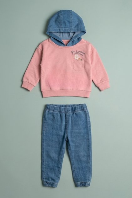 Kız Bebek Çiçek Nakışlı Kapüşonlu Sweatshirt ve Jogger Jean Pantolon Takımı