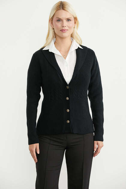 Shawl Collar Buttoned Knitwear Jacket - Black