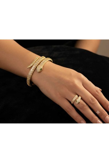 Kadın Gold Zirkon Taşlı Yılan Figürlü Kelepçe Bileklik ve Yüzük Takım Set