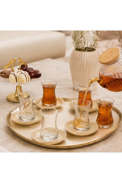 Glass Tea Cup Set with Glass Saucers Beige - 12 Pieces | 6 Cups + 6 Plates | Cup Height 10 cm – Elegant Design for Entertaining Guests