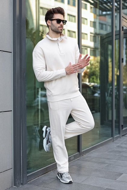 Beige Stand Collar Half Zipper Pocket Men's Tracksuit Set E7373