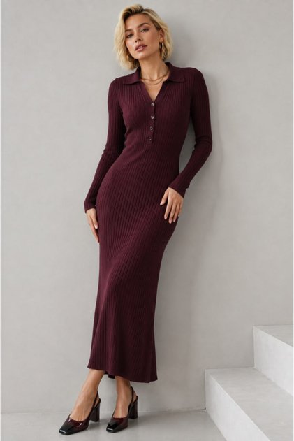 Polo Collar Buttoned Ribbed Slim Fit Long Sleeve Maxi Knitwear Dress Aw26El0003