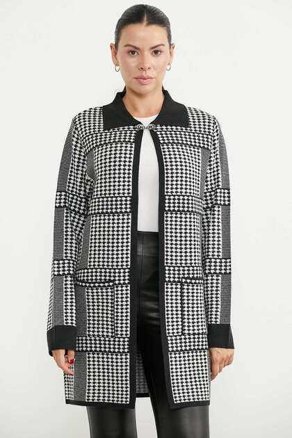 Houndstooth Patterned Long Knit Cardigan - Black