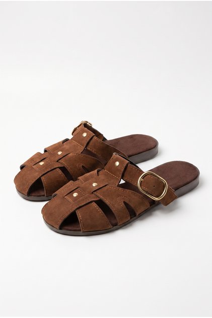 Women's Tan Suede Gold Buckle Belt Strap Flat Sole Slippers 50021004