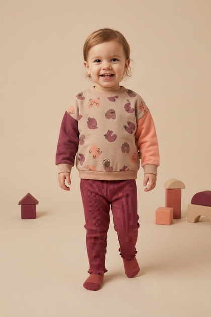Baby Girl Animal Patterned Sweatshirt and Ruffle Hem Ribbed Leggings Set