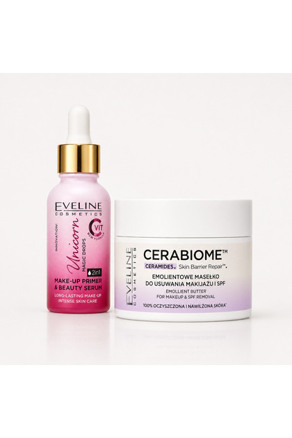 Set Eveline Machiaj – Primer Unicorn Magic Drops 2în1 cu Vitamina C 30 ml + Unt Demachiant Cerabiome cu Ceramide