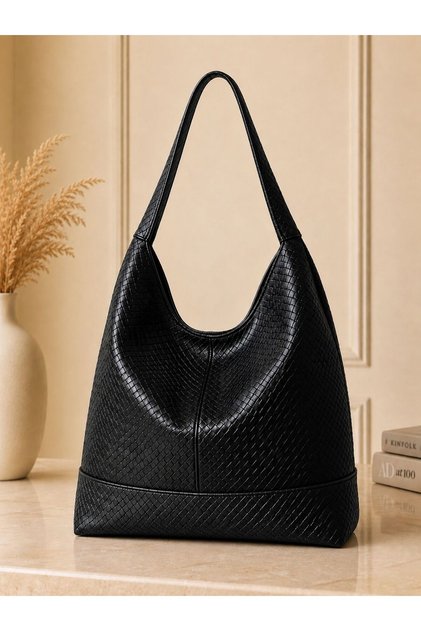 Women's Black Faux Leather Basket Patterned Shoulder Bag