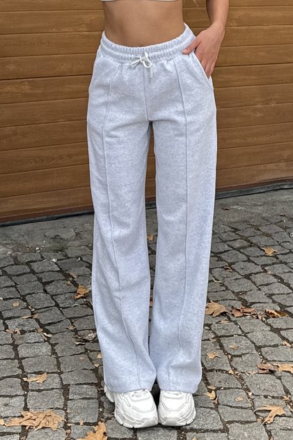 Gray Ribbed Detailed Wide Leg Sweatpants