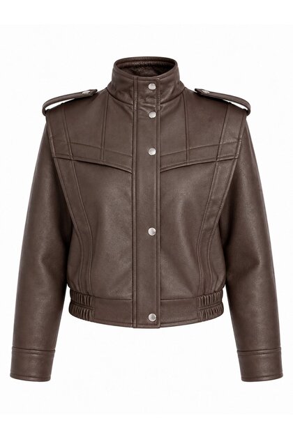 Bitter Brown Textured Leather Jacket with Epaulettes - 5168