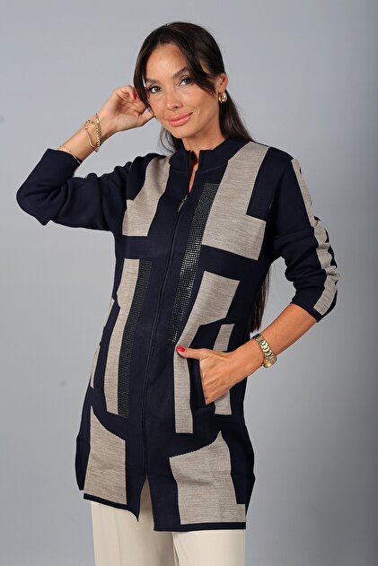 Women's Front Zippered Color Block Stone Detailed B.B Knitwear Cardigan