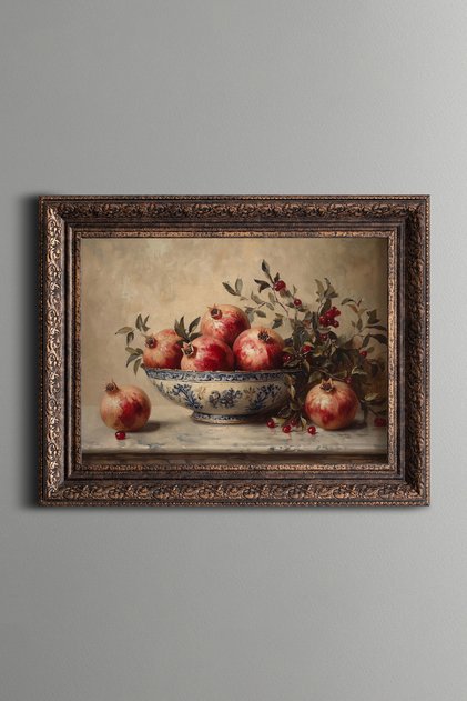 Abundance of Pomegranates in a Chinaware Bowl - Vintage Patterned Painting - Thick Model
