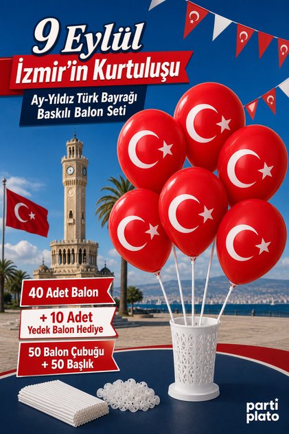 9 September Liberation of Izmir 50Th Moon-Star Turkish Flag Balloon Stick Set Celebration Decoration